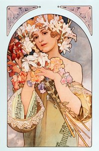 Poster de Alphonse Mucha (1860-1939), intitulado “A flor”, série de litografias sobre flores, 1897 - Poster de Alphonse Mucha: “A flor” da série flores, 1897 Dim 44x66 cm Coleção particular